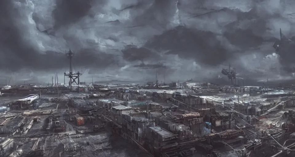 Prompt: The sky above the port was the colour of television, tuned to a dead channel, dramatic lighting, cinematic, establishing shot, extremely high detail, photo realistic, cinematic lighting, post processed, concept art, matte painting