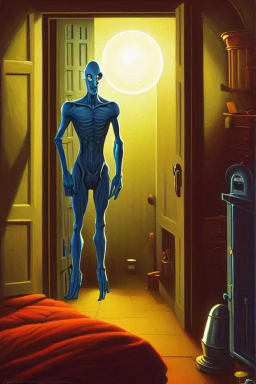 Prompt: classic oil painting, a grey alien sneaking through the door, as a dnd character, inside a bedroom at night, cottagecore, windows, highly detailed, abduction, digital illustration, concept art, smooth, sharp focus, art by tim hildebrandt, and greg hildebrandt