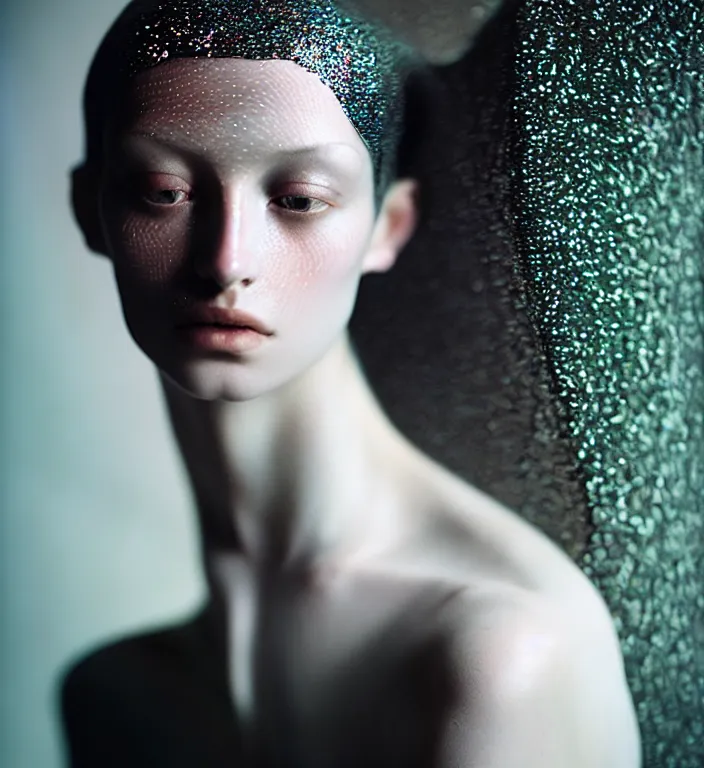 Image similar to cinestill 5 0 d photo portrait of a beautiful hybrid woman in style of roberto ferri by paolo roversi, translucent basalt body intricate detailed, intricate sparkling dark basalt ornamental hair, 1 5 0 mm lens, f 1. 4, sharp focus, ethereal, emotionally evoking, head in focus, radiant volumetric lighting, matt colors outdoor