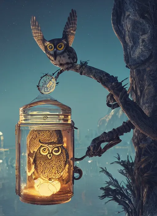 Prompt: owl detective inside a steampunk glass jar, full moon buried in sand, intricate detail, hyper detailed, ultra realistic, sharp focus, octane render, lantern, volumetric, ray tracing, artstation trending, big ben on the moon, cgsociety, sense of awe, mystical, moon, 4 k