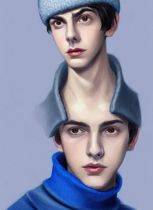 Image similar to portrait of teenage jughead jones wearing a light grey crown, crown, light grey crown, blue turtleneck, 1 9 5 0 s, closed eyes, intricate, elegant, glowing lights, highly detailed, digital painting, artstation, concept art, smooth, sharp focus, illustration, art by wlop, mars ravelo and greg rutkowski