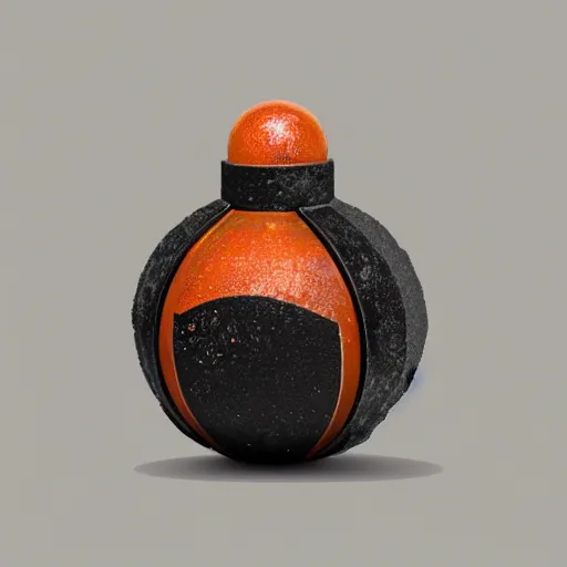 Prompt: product photo of an orange designed to resemble an incendiary grenade, center frame, highly detailed, balanced colors