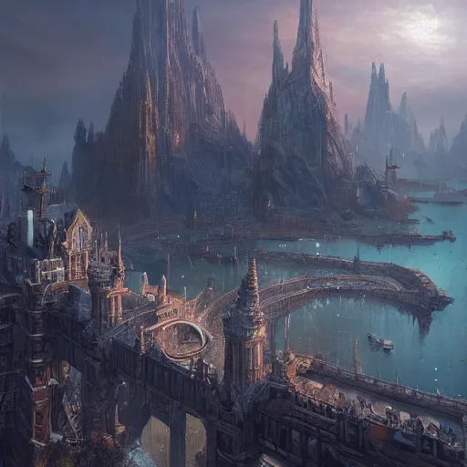 Image similar to a beautiful stunning insanely detailed complex matte painting of a magical mythical city at the edge of the world, by Greg Rutkowski, artstation