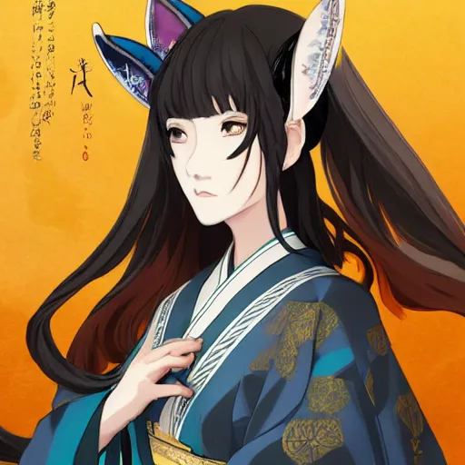 Image similar to A close-up anime portrait of Ssunbiki as a noble Japanese lady with fox ears wearing a silk kimono from Skyrim, by a professional manga illustrator, Stanley Artgerm Lau, WLOP, Rossdraws, James Jean, Andrei Riabovitchev, Marc Simonetti, and Sakimichan, tranding on artstation