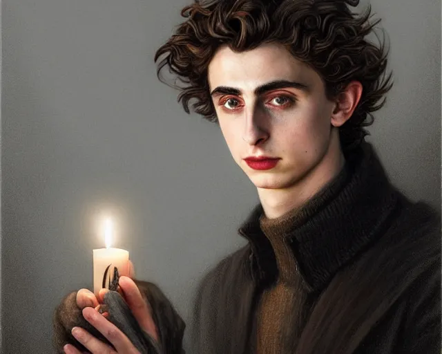 Prompt: a mind - blowing portrait of fortune seeker timothee chalamet, holding a candle holder, wearing dark maritime clothing, long night cap, deep focus, d & d, fantasy, intricate, elegant, highly detailed, digital painting, artstation, concept art, matte, sharp, illustration, hearthstone, art by artgerm and greg rutkowski and alphonse mucha