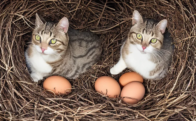 Image similar to cat guarding it's eggs. big nest. wild, nature photography, david attenborough, strange, photograph, photorealistic