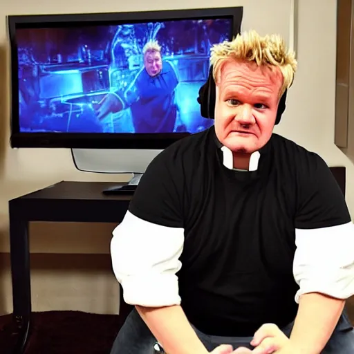 Prompt: obese Gordon Ramsey wearing a headset yelling at his monitor while playing WoW highly detailed wide angle lens 10:9 aspect ration award winning photography by David Lynch esoteric erasure head