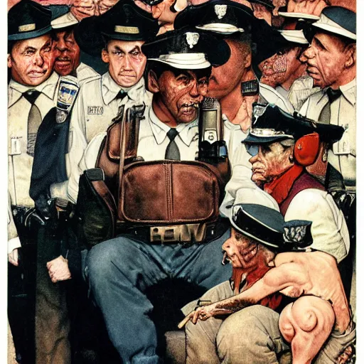 Image similar to hybrid of pig and nyc policeman, annoyed, ultra detailed, photo realistic, style of norman rockwell, smooth and clear, super sharp, style of richard corben.