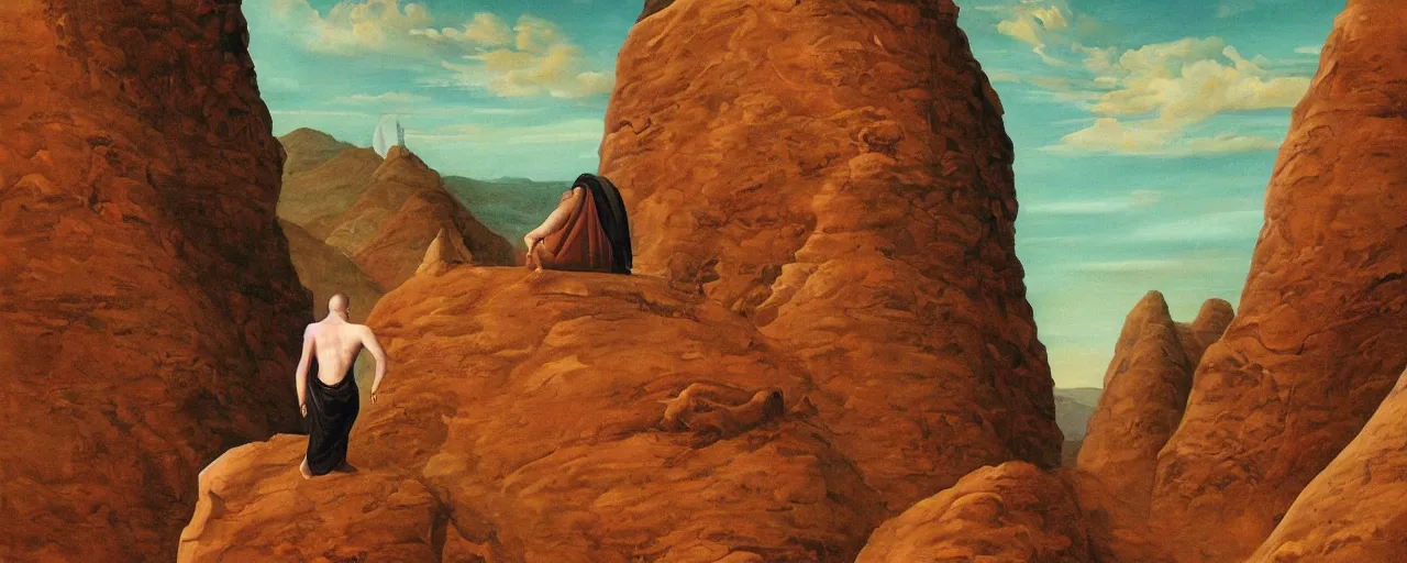 Image similar to a surreal painting of a man reaching a cliff gazing off into the horizon where he sees buddahs eyes in the desert