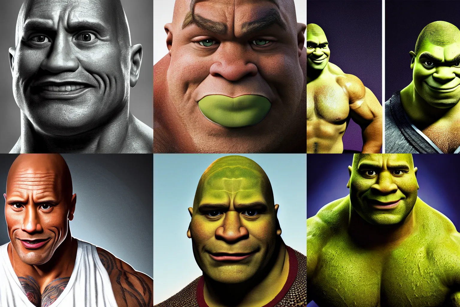 Prompt: detailed portrait of Dwayne Johnson as Shrek, studio lighting