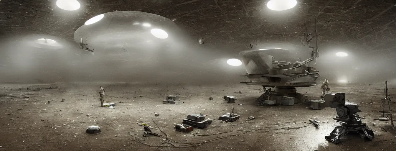 Image similar to engineer repairs special flying saucer full of modern military equipment, in the hall of area 55, high detail, ground fog, wet reflective ground, saturated colors, by James Paick, render Unreal Engine-H 704