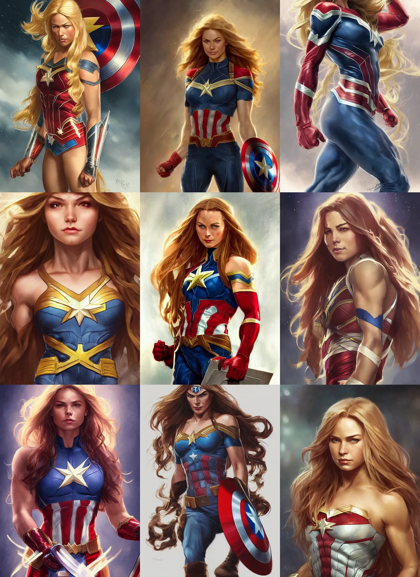 Prompt: a muscled young april with a mischievous face and extrmely long blonde wavy hair dressed as captain america, batman, the flash, captain marvel, wonder woman, a superhero. beautiful detailed face, artgerm, greg rutkowski, alphonse mucha