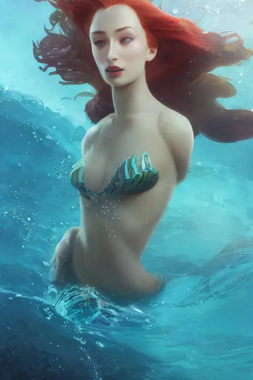 Prompt: sophie turner as the little mermaid underwater by Stanley Artgerm Lau, WLOP, James Jean, Andrei Riabovitchev, Marc Simonetti, Yoshitaka Amano, ArtStation, CGSociety, hair floating, bubbles vfx, cinematic lighting, god ray