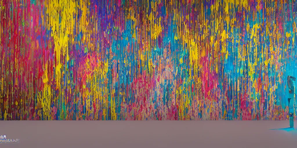 Image similar to A hyper realistic photography of an exhibition space with indigenous masks and dripping colors on the wall, photorealistic, 8k render