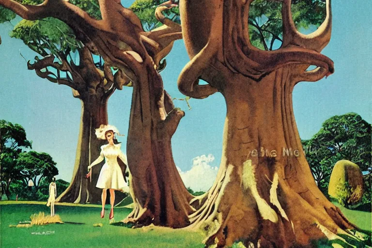 Image similar to 5 0 s pulp scifi illustration, elegant alien female strolls on lawn in beautiful extraterrestrial gardens, baobab tree, by norman rockwell, tom lowell, david curtis, frank schoonover