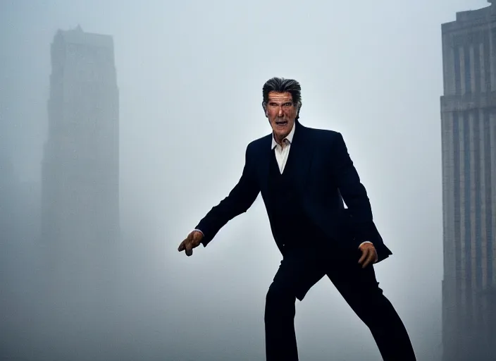 Image similar to film footage of pierce brosnan as giant monster in a foggy city, eerie, 8 k, 8 5 mm f 1. 8, studio lighting, rim light, right side key light