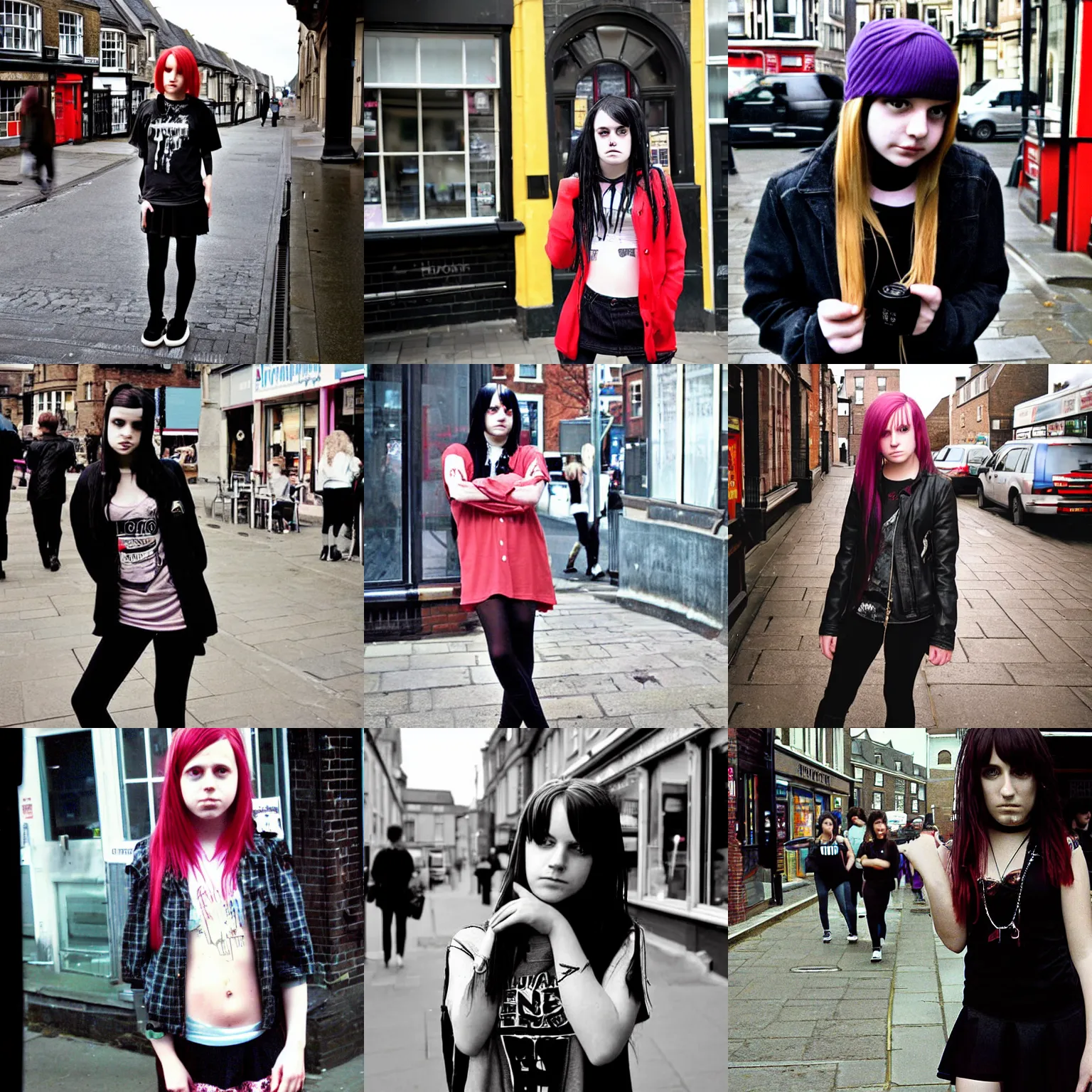 Prompt: mid-2000s photograph of an emo girl at on a British high street