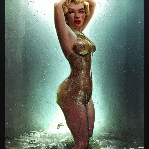 Image similar to a photograph of a clone of marilyn monroe submerged and rusted in the water, cinematic, volumetric lighting, f 8 aperture, cinematic eastman 5 3 8 4 film, photorealistic by greg rutkowski, by stanley artgerm, by alphonse mucha