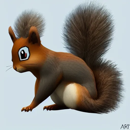 Prompt: A pokemon that looks like A squirrel ，The tail is a curly Polypodiopsida ，sitting on a tree branch ，Trending on art station. Unreal engine.