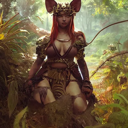 Image similar to warrior neko woman in a jungle with cat ears wearing armor, fantasy art, highly detailed character, by yoshitaka amano, by jeremy lipking, by greg rutkowski, illustration, volumetrics, nature