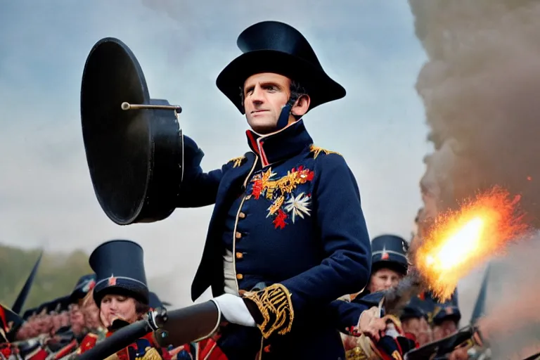 Image similar to closeup portrait of emmanuel macron dressed as napoleon firing a cannon at england, natural light, sharp, detailed face, magazine, press, photo, steve mccurry, david lazar, canon, nikon, focus