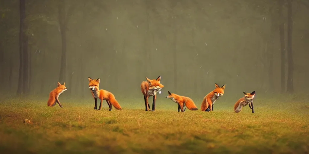 Image similar to family of foxes nearIdyllic pond, meadow, forest trail, blanket of fog, rain, volumetric lighting, beautiful, golden hour, sharp focus, ultra detailed, cgsociety