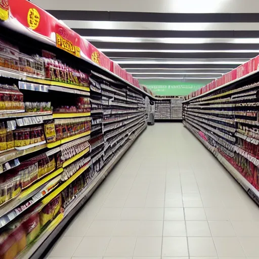 Image similar to empty grocery store, blurry shadow figure cashier, red eyes