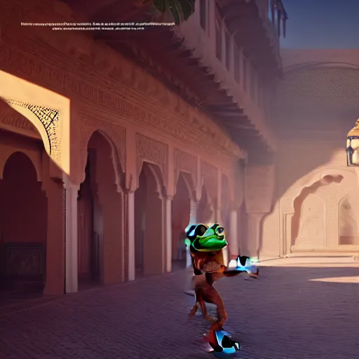 Image similar to frog travels through marrakech, volumetric light, detailed, establishing shot, an epic fantasy, cinematic, photorealistic, ultrarealistic, trending on art station, octane render