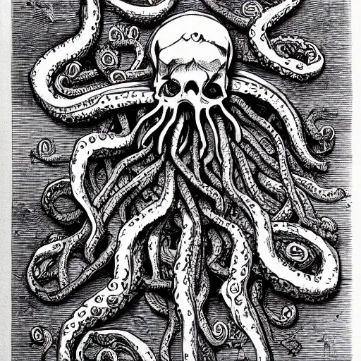 Image similar to a skeleton filled with writhing octopuses, fantasy illustration