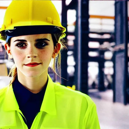 Image similar to photo, close up, emma watson in a hi vis vest, in amazon warehouse, portrait, kodak gold 2 0 0,