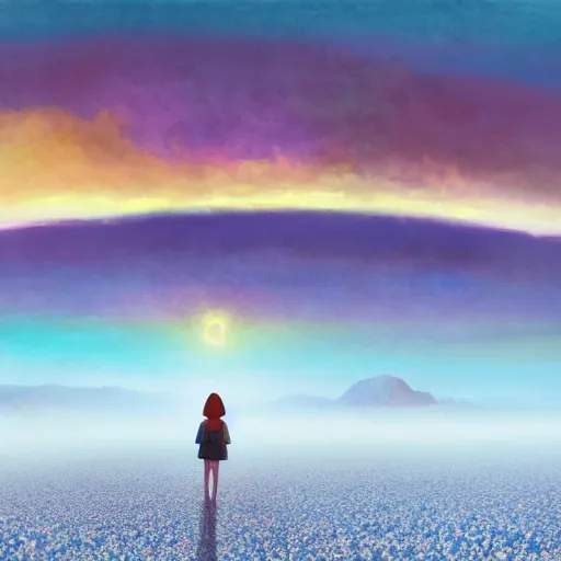 Image similar to giant daisy flower head, girl walking on salt flats mountains, surreal photography, sunrise, dramatic light, impressionist painting, colorful clouds, digital painting, artstation, simon stalenhag