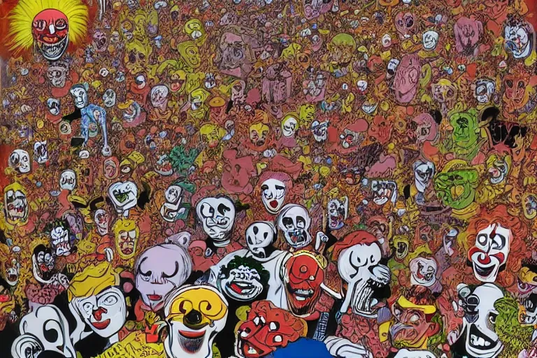 Image similar to endless crowd of clowns by rotella mimmo, kenny scharf, jacek yerka, peter bagge, simon bisley, artur bordalo, judy chicago, geof darrow