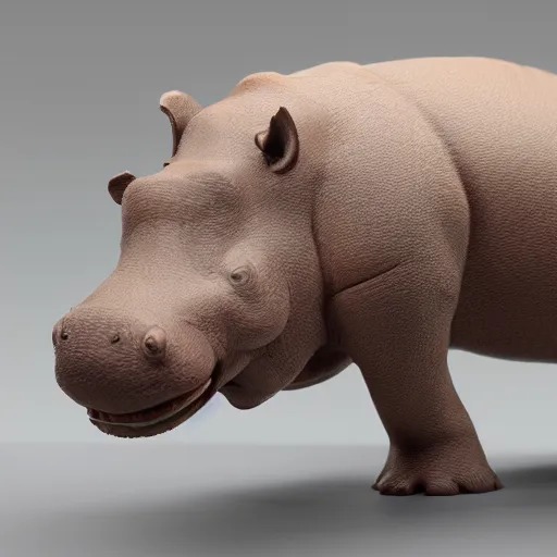 Prompt: studio shot, side view of a simplified hippo figurine ( carved from wood )!!!! and centered on a white to grey gradient background, wood grain, photorealistic, hyperrealistic, influenced by pixar, 8 k hd, octane render, unreal engine, featured on cgsociety