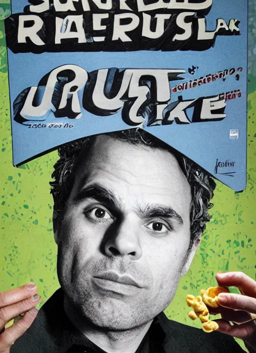 Prompt: surrealist mark ruffalo on a cereal box, recursion