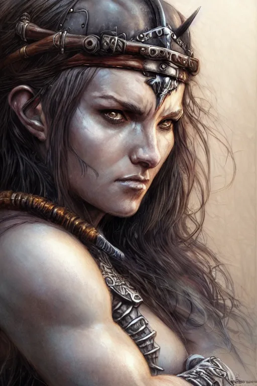 Image similar to portrait of a barbarian, female, high fantasy, dnd, face details, extremely detailed, smooth, sharp focus, digital illustration, by luis royo, magali villeneuve, donato giancola, wlop, krenz cushart, artgerm