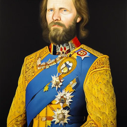 Prompt: portrait of the swedish king, painted by markus gunnar petterson, intricate linework, colored ink