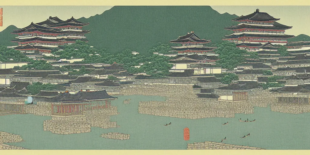 Prompt: an elder chinese city by kawase hasui. hd