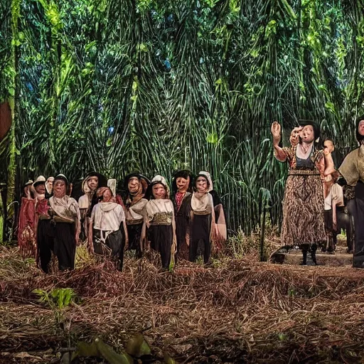 Image similar to high quality, high detail, an opera performance about deforestation in kalimantan forest, photorealistic lighting