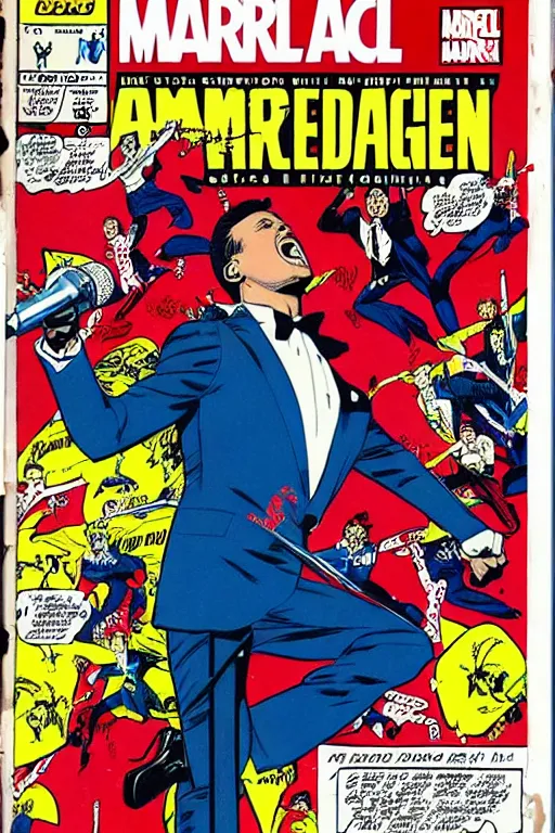 Image similar to Luis Miguel singing with a microphone in the style of 1960's Marvel comics, high resolution digital scan, intricate details, aesthetic