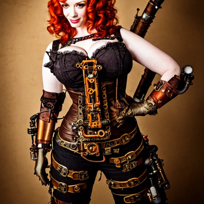 Prompt: full body photograph of christina hendricks as a steampunk warrior. extremely detailed. dslr. 8 5 mm.