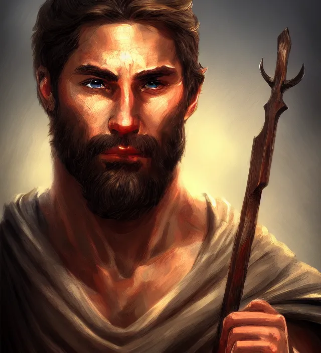 Prompt: portrait of biblical cain holding a spear intricate headshot highly detailed digital painting artstation concept art