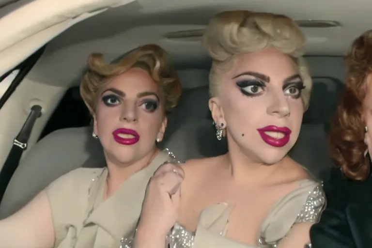 Image similar to lady gaga and judy garland doing carpool karaoke, lady gaga and judy garland, carpool karaoke, lady gaga, judy garland, carpool karaoke, youtube video screenshot, the late late show with james corden, higly realistic, high resolution, dashcam