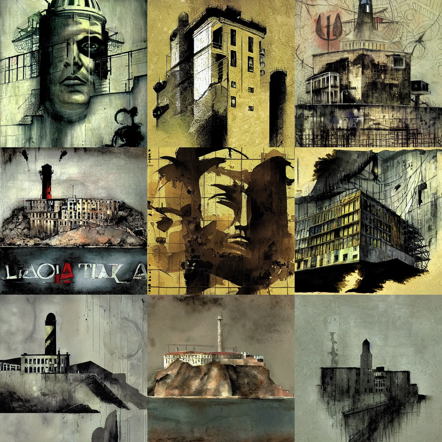 Prompt: alcatraz, by dave mckean