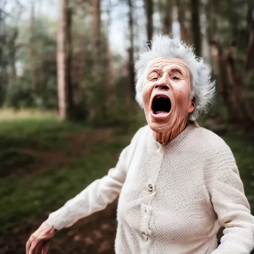 Prompt: elderly woman screaming at an ethereal being, canon eos r 3, f / 1. 4, iso 2 0 0, 1 / 1 6 0 s, 8 k, raw, unedited, symmetrical balance, wide angle