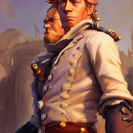 Image similar to greg manchess portrait painting of partially armored undead pirate captain guybrush threepwood as overwatch character, medium shot, asymmetrical, profile picture, organic painting, sunny day, matte painting, bold shapes, hard edges, street art, trending on artstation, by huang guangjian, gil elvgren, ruan jia, greg rutkowski, gaston bussiere