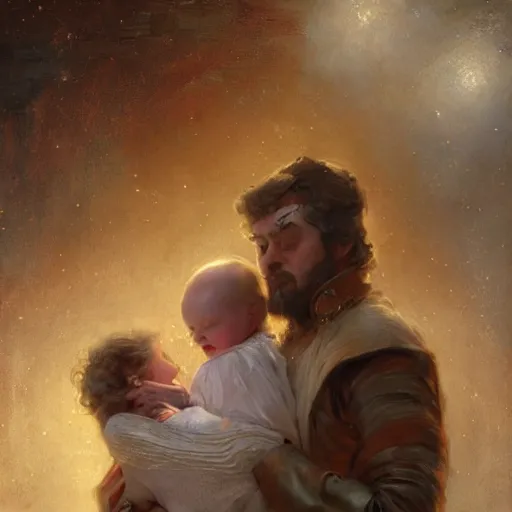 Prompt: the great father of the family, he is high up in his starry cloak, hugging his beautiful frail wife, with a little glowing baby in her arms. highly detailed painting by gaston bussiere, craig mullins, j. c. leyendecker 8 k