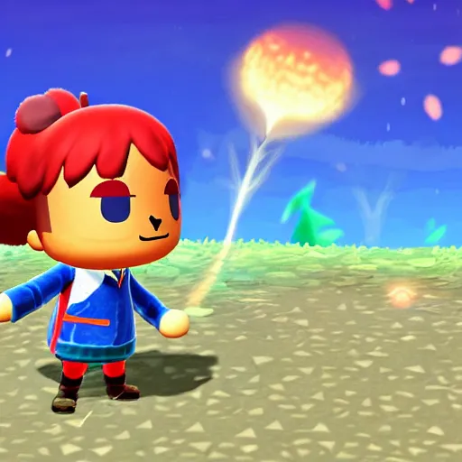 Prompt: A wizard wearing a red hood with glowing blue eyes in Animal Crossing