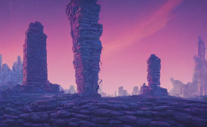 Prompt: A landscape with a giant stone brick tower with pillars on top at sunset, magical portal, cyberpunk, glowing runes, technology, Low level, rendered by Beeple, Makoto Shinkai, syd meade, simon stålenhag, environment concept, synthwave style, digital art, unreal engine, WLOP, trending on artstation, 4K UHD image, octane render,
