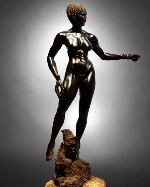 Prompt: a full figure rubber sculpture of a beautiful african warrior woman, by Michelangelo, dramatic lighting, wide angle lens