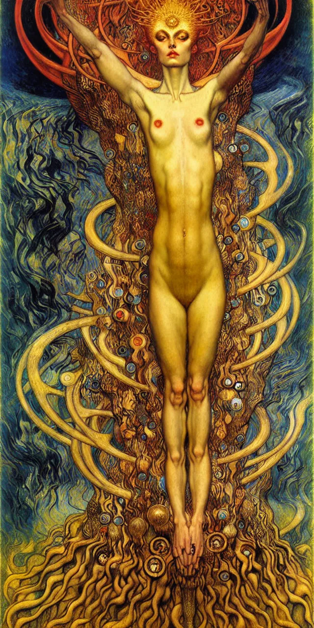 Image similar to Divine Chaos Engine by Karol Bak, Jean Delville, William Blake, Gustav Klimt, and Vincent Van Gogh, symbolist, visionary